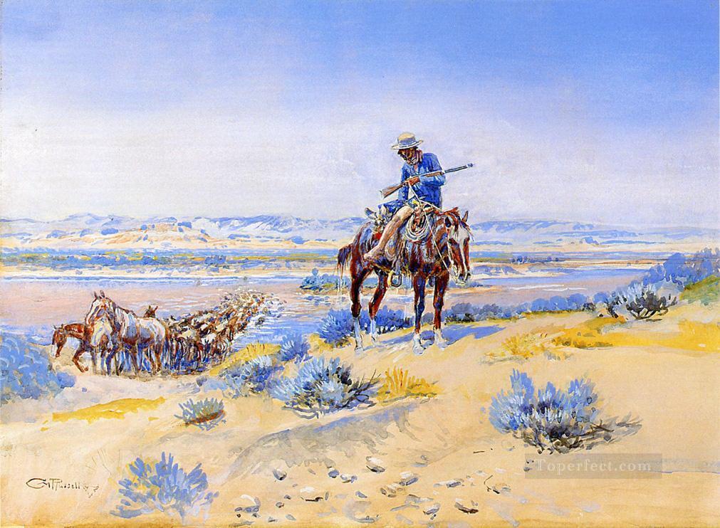Cambiando caballos Charles Marion Russell Vaquero de Indiana Pintura al óleo